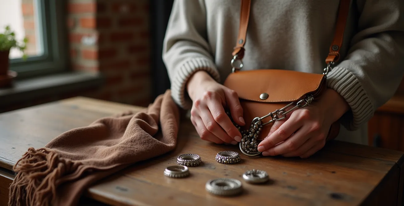 Collection d'accessoires artisanaux québécois disposés avec élégance