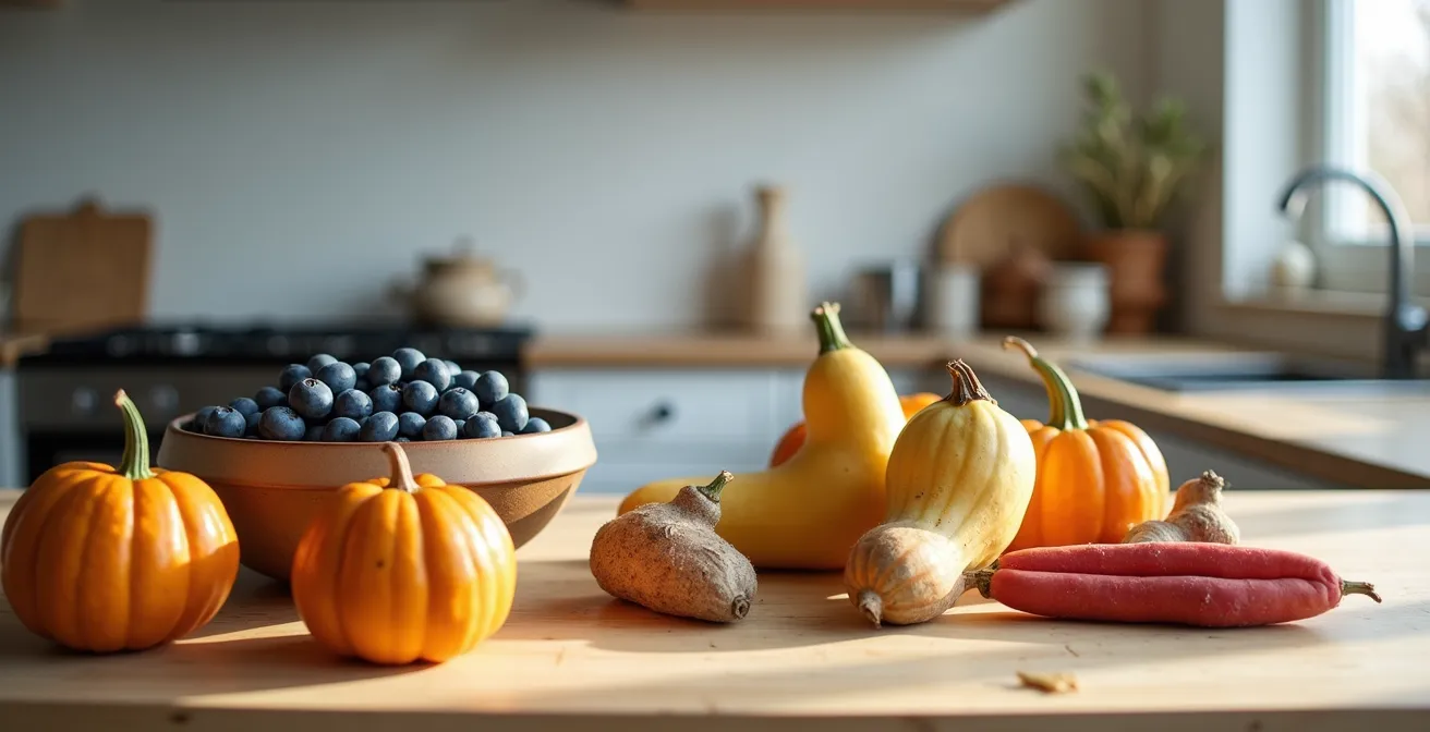 Arrangement d'aliments alcalins du terroir québécois incluant bleuets du Lac-Saint-Jean et courges d'automne