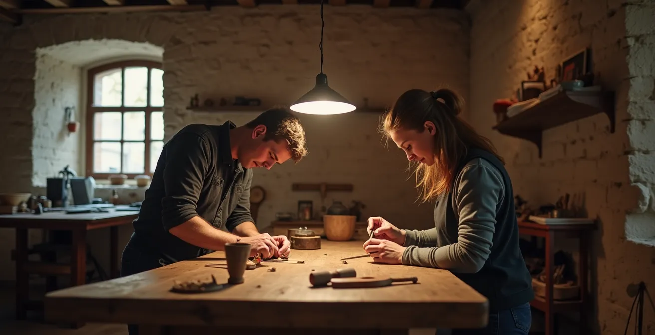 Artisan contemporain travaillant dans un atelier aux murs de pierre ancestraux