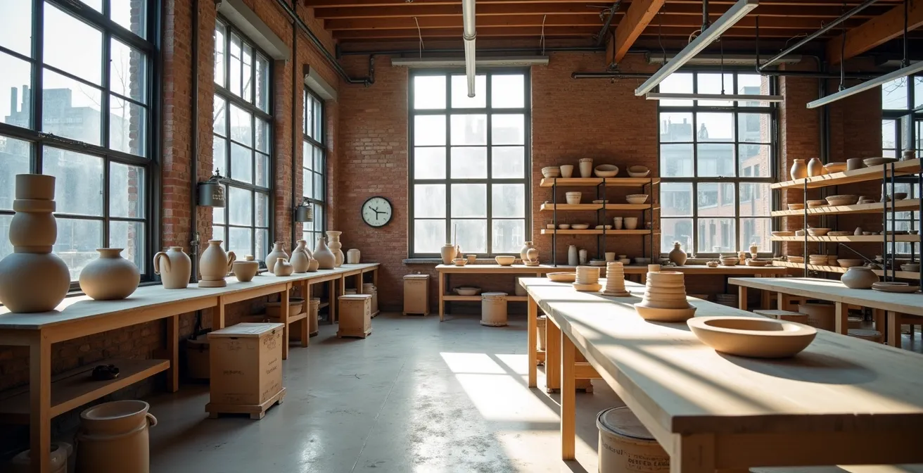 Vue grand angle d'un atelier d'artisan montréalais baigné de lumière naturelle avec outils et créations