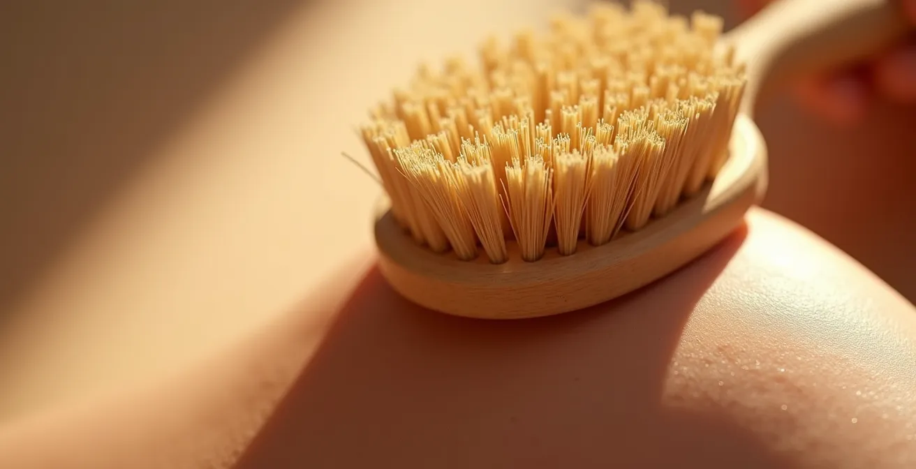 Gros plan sur une brosse en fibres de sisal effectuant des mouvements circulaires sur une jambe