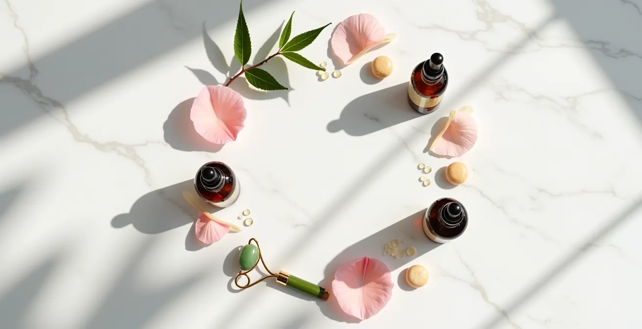 Calendrier circulaire illustrant les quatre phases du cycle menstruel avec produits de soins adaptés