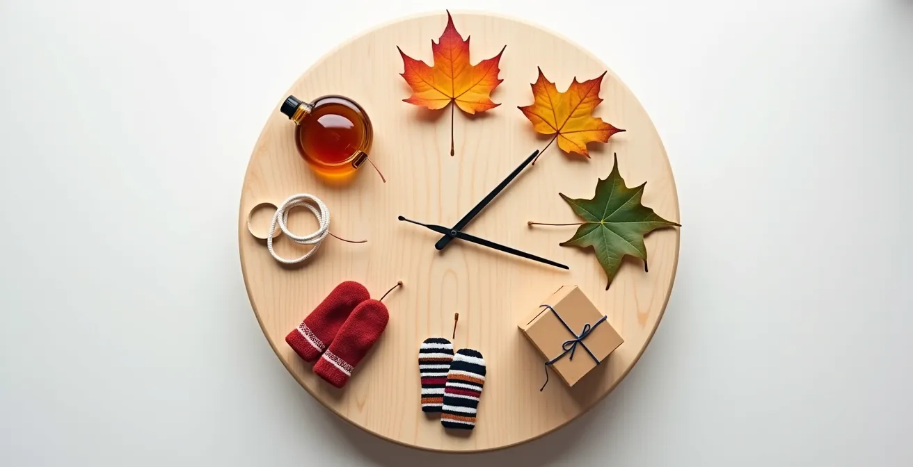 Représentation circulaire artistique des micro-saisons montréalaises avec symboles abstraits pour chaque période de l'année