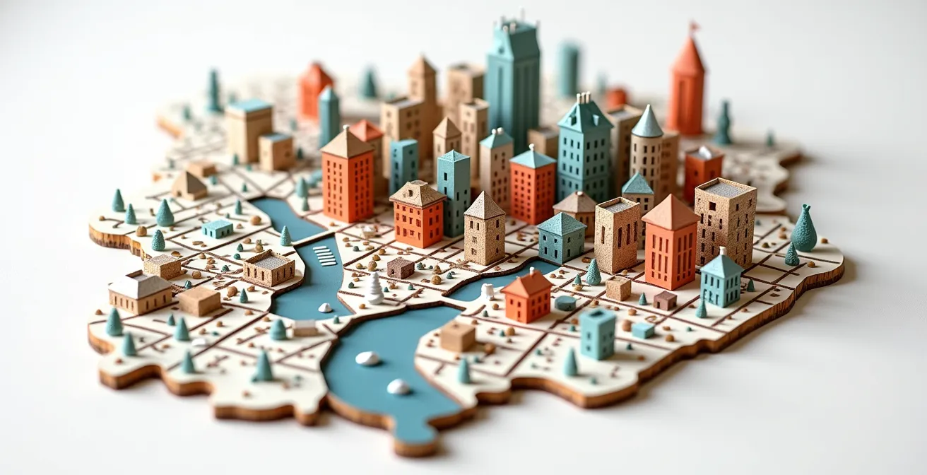 Carte stylisée des quartiers créatifs de Montréal avec leurs caractéristiques visuelles distinctives