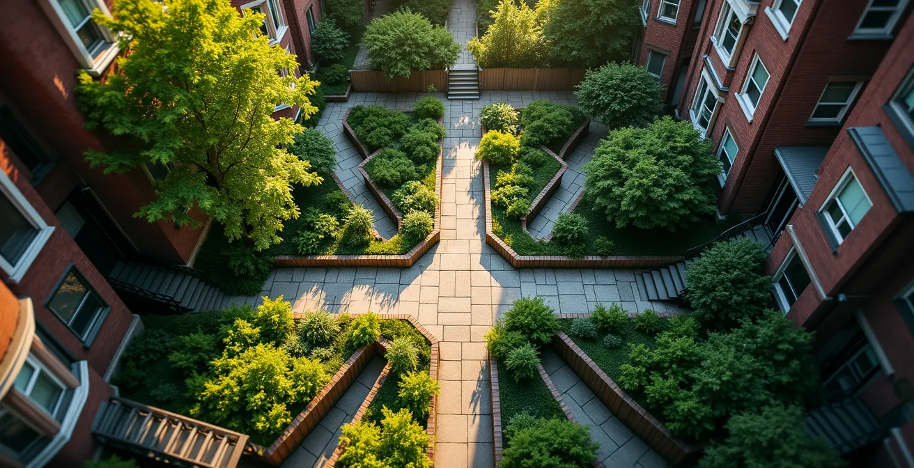 Vue aérienne stylisée d'un réseau de ruelles vertes interconnectées dans le Plateau Mont-Royal