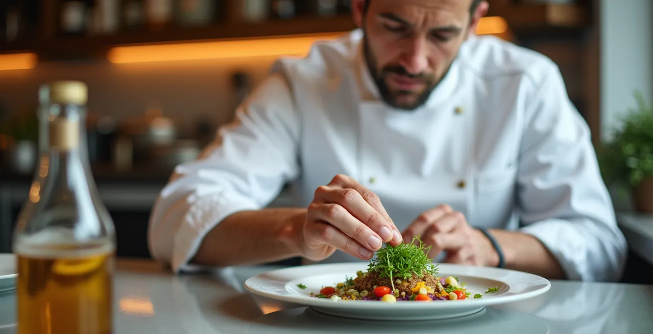 Portrait d'un chef montréalais travaillant avec des ingrédients locaux dans une cuisine moderne