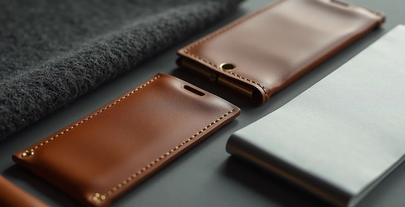 Composition macro montrant des détails de matériaux et textures professionnels symbolisant la cohérence de marque