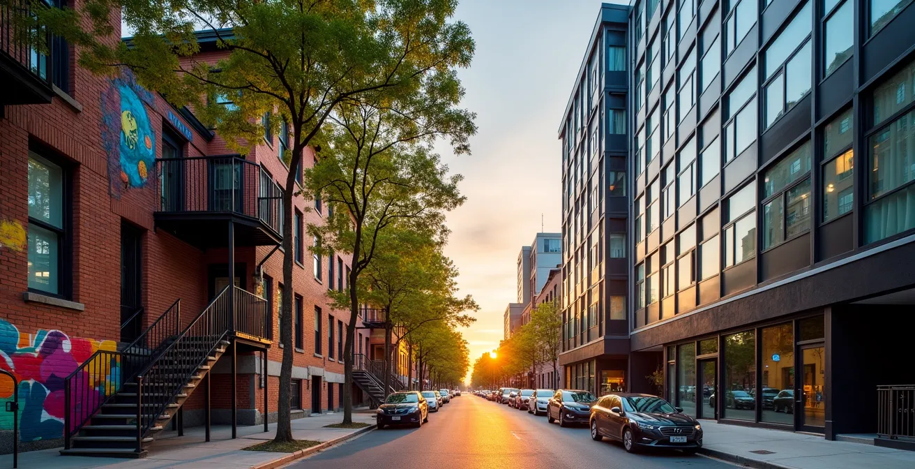 Scène de rue montrant le contraste entre l'architecture du Plateau et les tours modernes de Griffintown