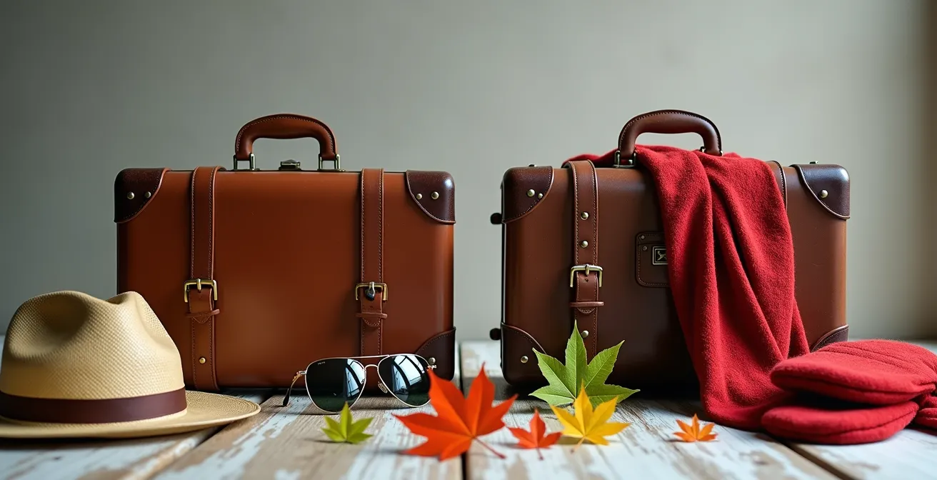 Illustration montrant deux valises identiques avec des étiquettes de prix différentes selon les saisons, symbolisant l'écart de coût entre été et hiver