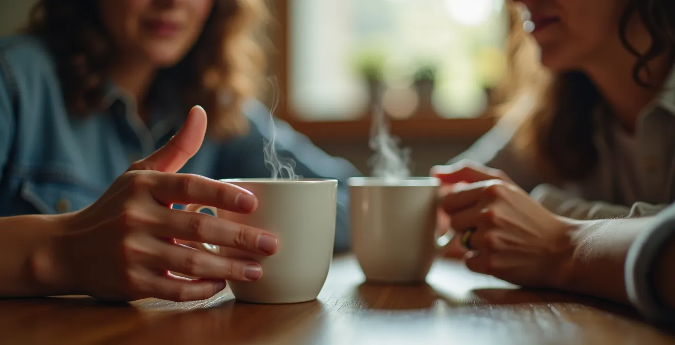 Gros plan sur deux personnes en conversation profonde, expressions attentives et bienveillantes