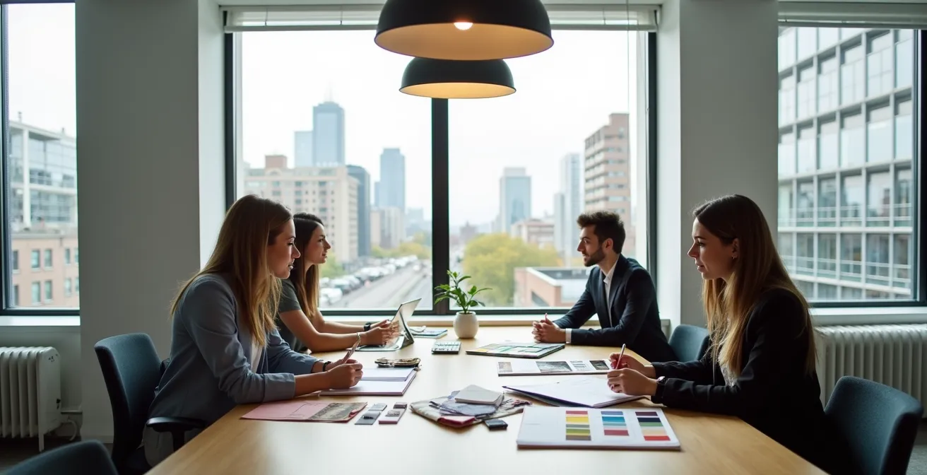 Consultation professionnelle entre styliste et client avec documents de travail