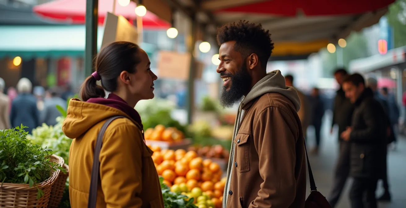 Deux personnes échangeant chaleureusement devant un étal de fromages au marché Jean-Talon
