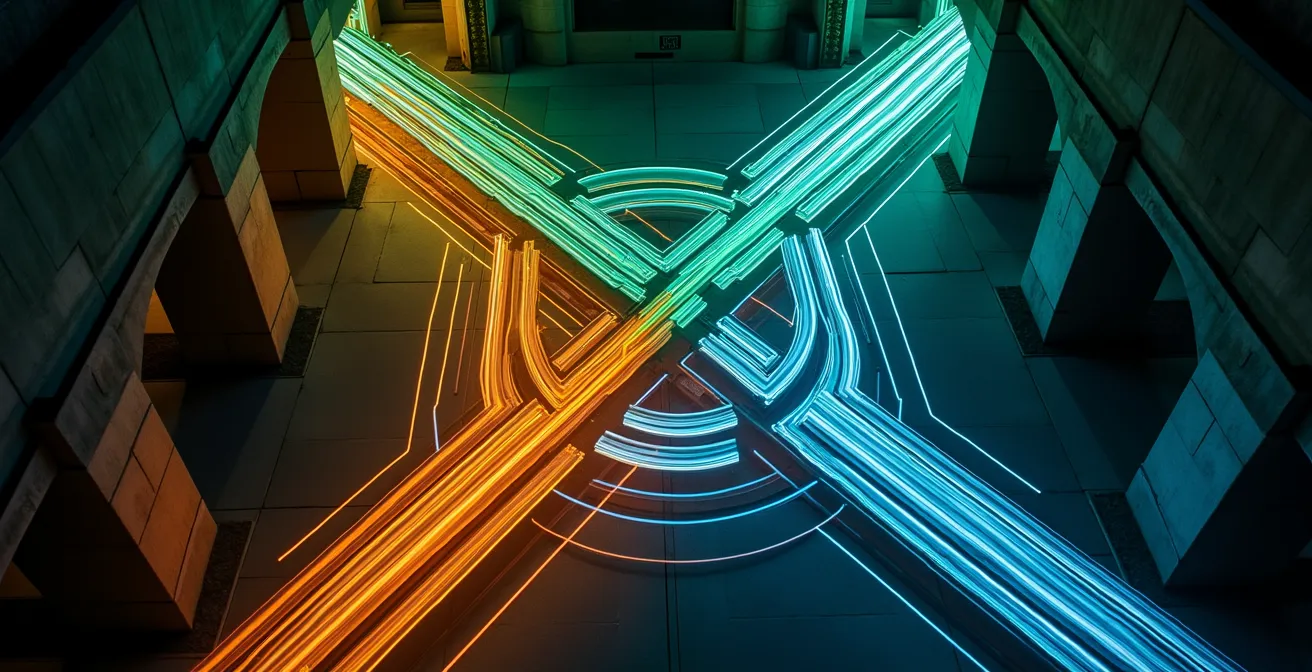 Vue aérienne stylisée des correspondances du métro de Montréal avec flux de passagers