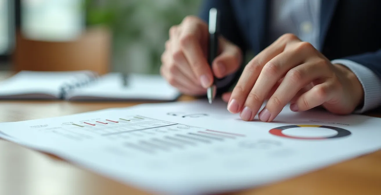 Gros plan sur un bureau avec un CV québécois imprimé et des mains qui le révisent