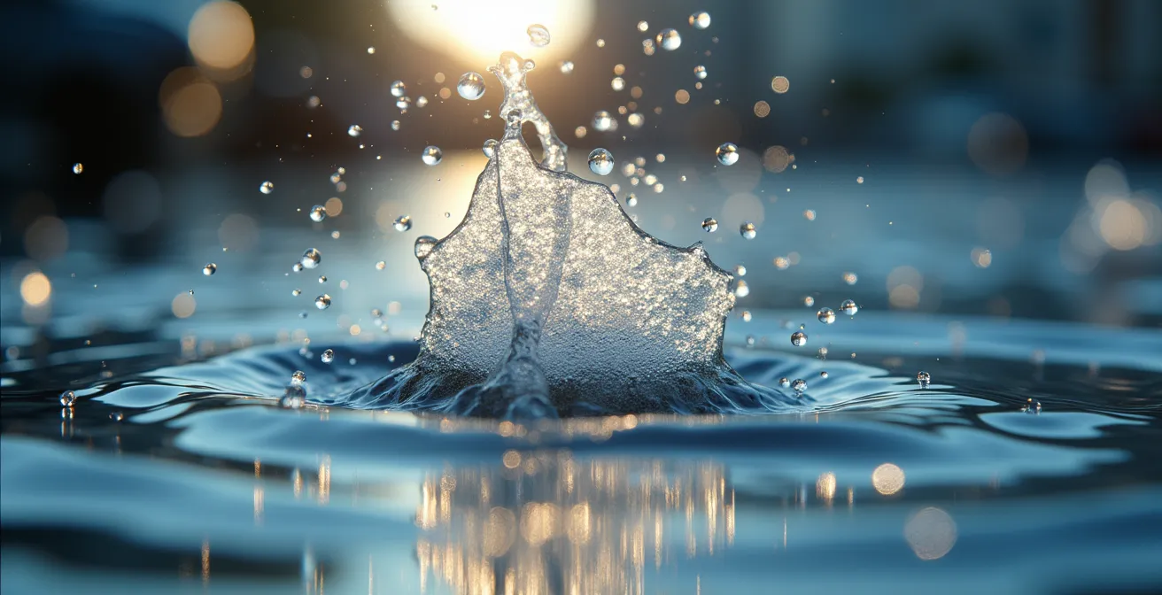 Vue macro d'une fibre textile synthétique se désagrégeant progressivement dans l'eau