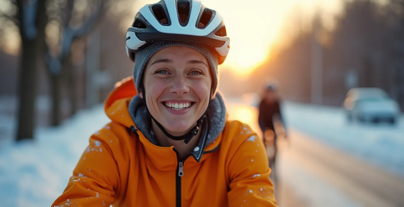 Cycliste d'hiver sur une piste déneigée de Montréal au lever du soleil