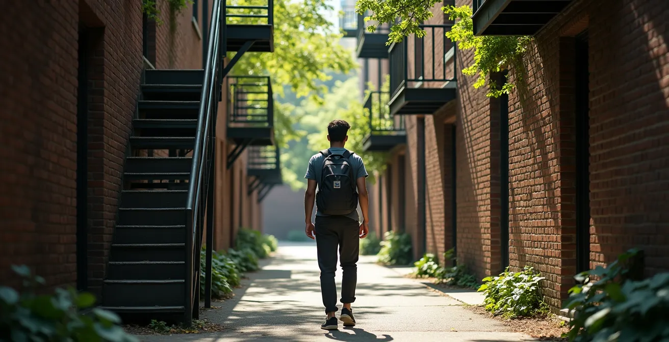 Explorateur urbain dans une ruelle verdoyante du Plateau Mont-Royal avec escaliers extérieurs caractéristiques