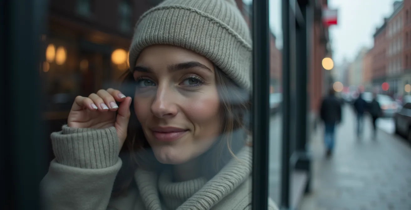 Portrait introspectif d'une personne face à son reflet dans une vitre du Vieux-Montréal