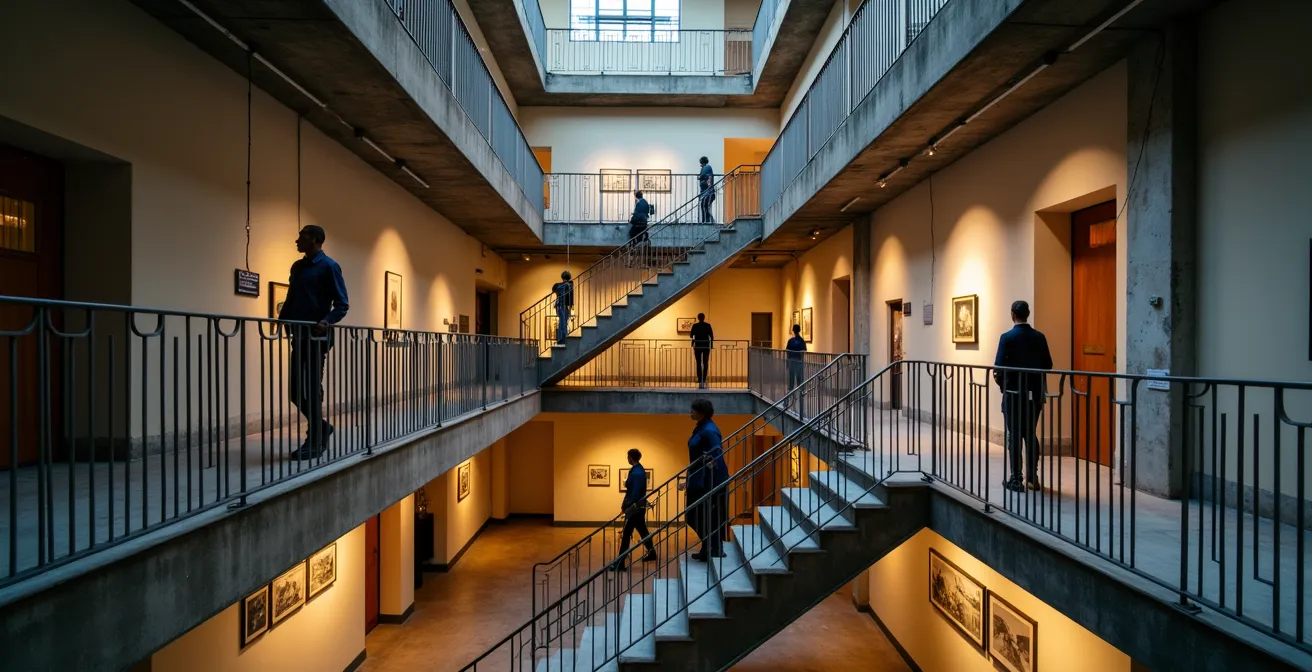 Vue intérieure de l'édifice Belgo montréalais montrant les multiples étages de galeries d'art