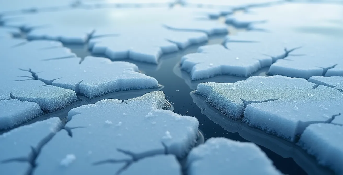 Vue macro de la glace du fleuve Saint-Laurent avec des fissures révélant l'eau en mouvement dessous
