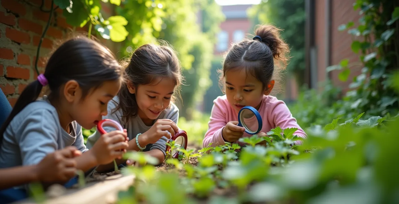 Enfants explorant des plantes et insectes dans une ruelle verte transformée en classe extérieure