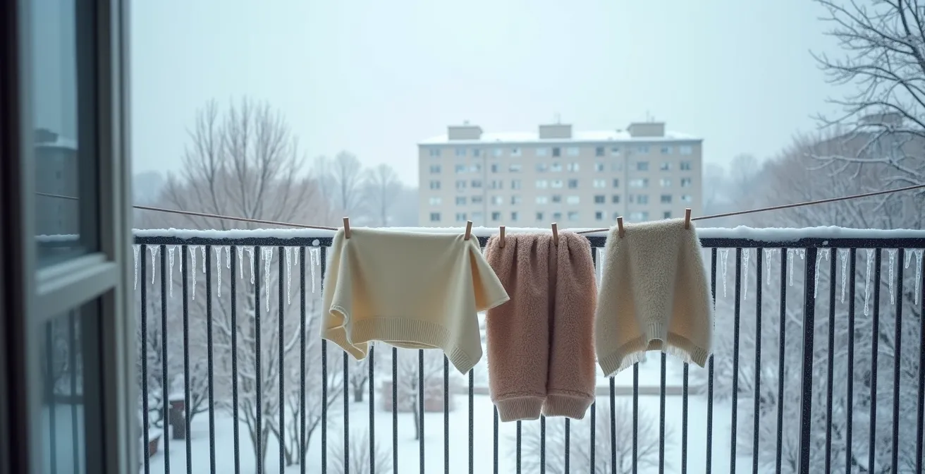 Scène minimaliste d'un espace de séchage naturel avec des vêtements suspendus et la skyline de Montréal en arrière-plan