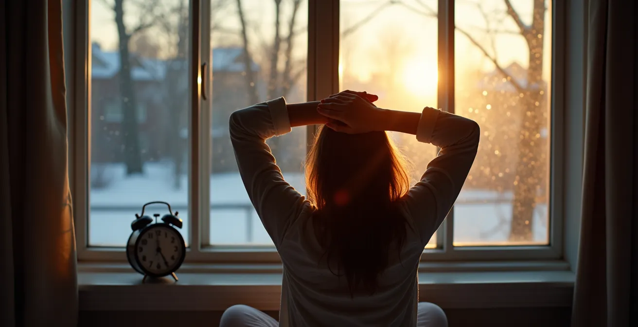 Chambre baignée de lumière naturelle matinale avec réveil analogique suggérant un cycle de sommeil régulier