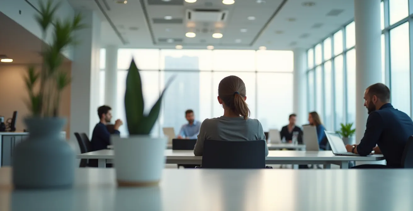 Professionnel pratiquant discrètement un exercice de respiration au bureau