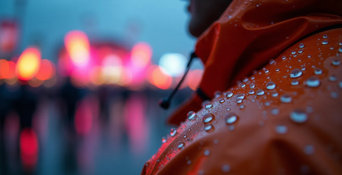 Festivaliers s'abritant de la pluie sous un passage couvert du centre-ville de Montréal.