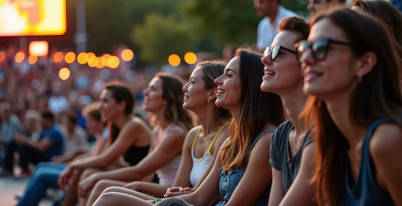 Spectateurs assis sur les marches du musée écoutant un concert à distance pendant un festival à Montréal.