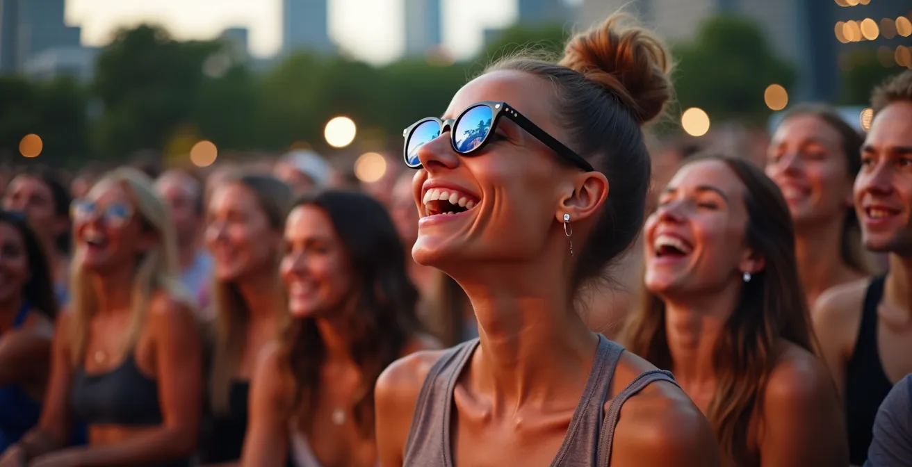 Foule diversifiée profitant d'un concert gratuit en plein air au Quartier des spectacles de Montréal