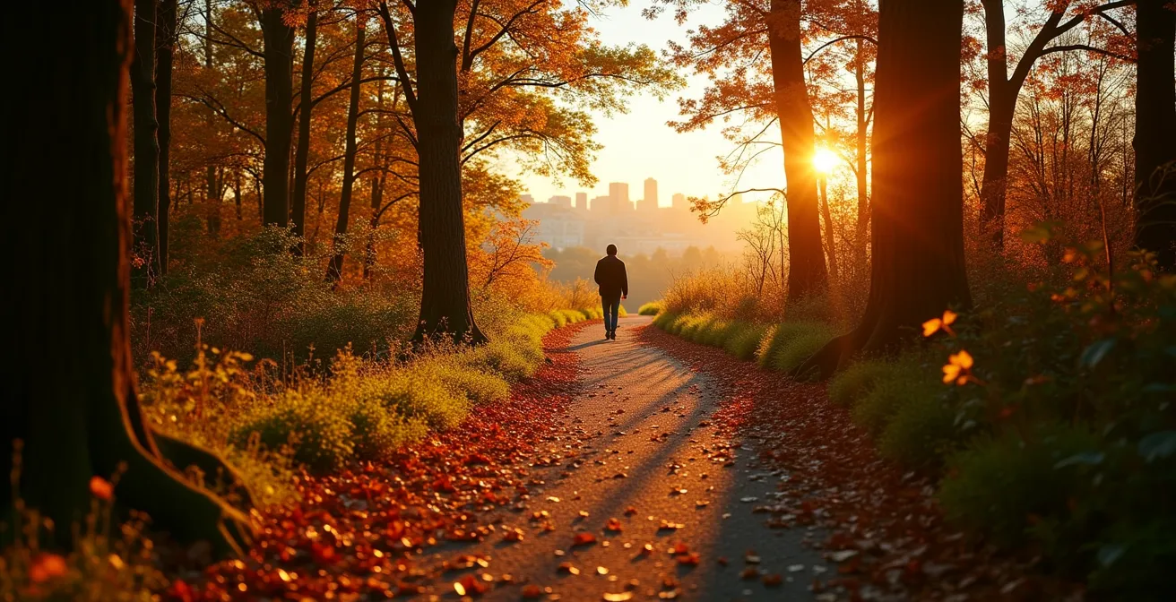 Sentier forestier du Mont-Royal en automne avec lumière filtrée à travers les arbres