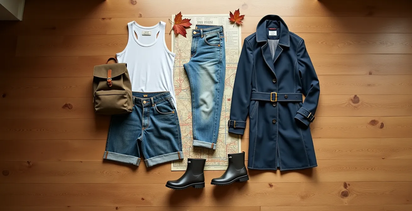 Flat lay de trois tenues complètes disposées sur un plancher de bois franc montrant les formules saisonnières