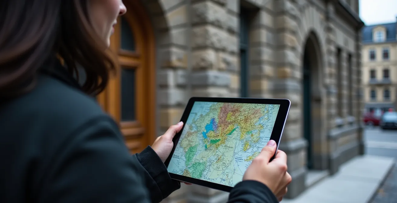 Géocacheur consultant une carte historique sur tablette devant un bâtiment patrimonial du Vieux-Port