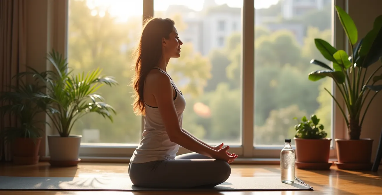 Personne pratiquant des étirements matinaux devant une fenêtre lumineuse avec vue sur parc urbain