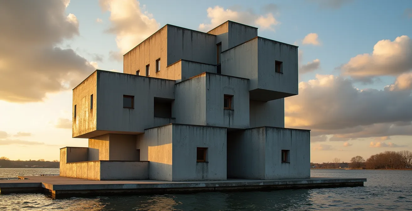 Vue latérale d'Habitat 67 montrant l'empilement des modules de béton