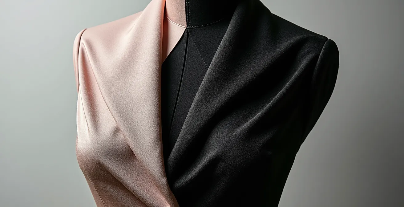 Démonstration visuelle des effets d'optique créés par différentes textures et coupes de vêtements sur une silhouette