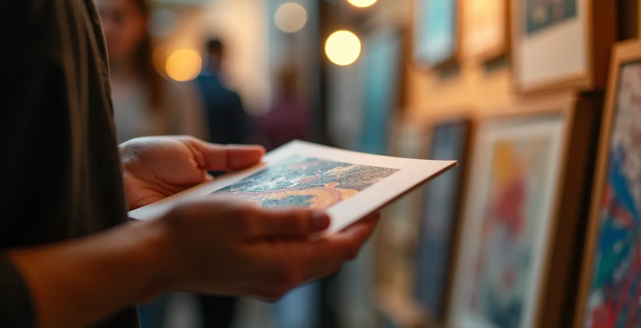 Un jeune collectionneur examine attentivement des œuvres lors d'une foire d'art à Montréal