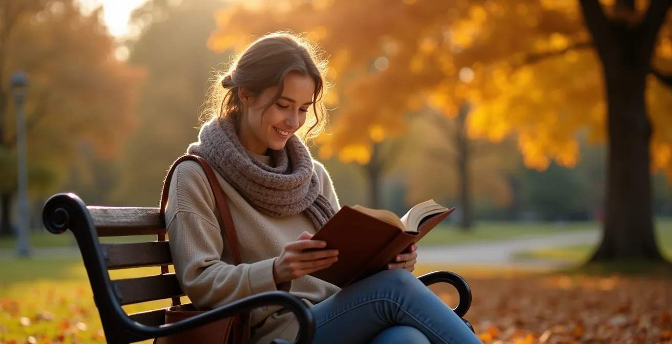 Personne lisant un livre dans le parc La Fontaine avec le skyline de Montréal en arrière-plan