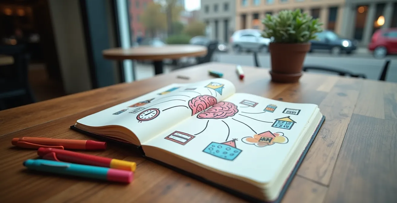 Carnet ouvert avec carte mentale colorée des déclencheurs de stress quotidiens