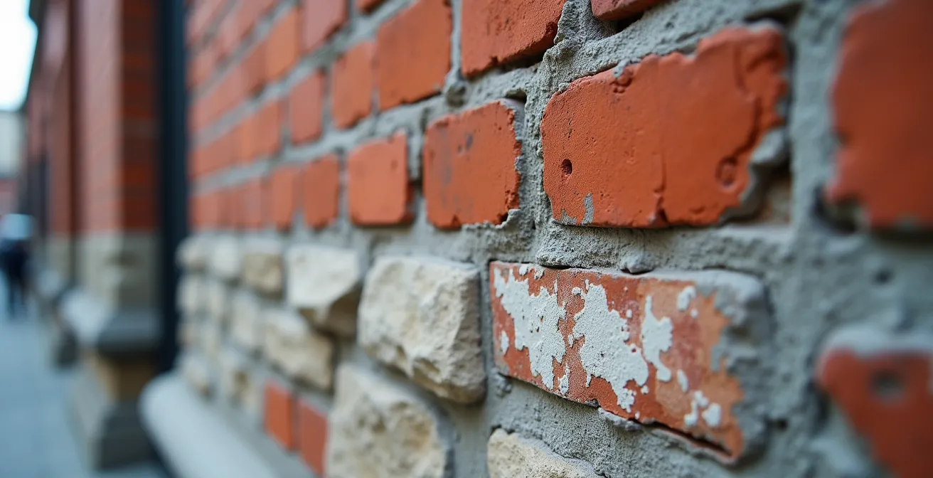 Détail architectural en macro montrant les couches historiques superposées d'un mur du Vieux-Montréal