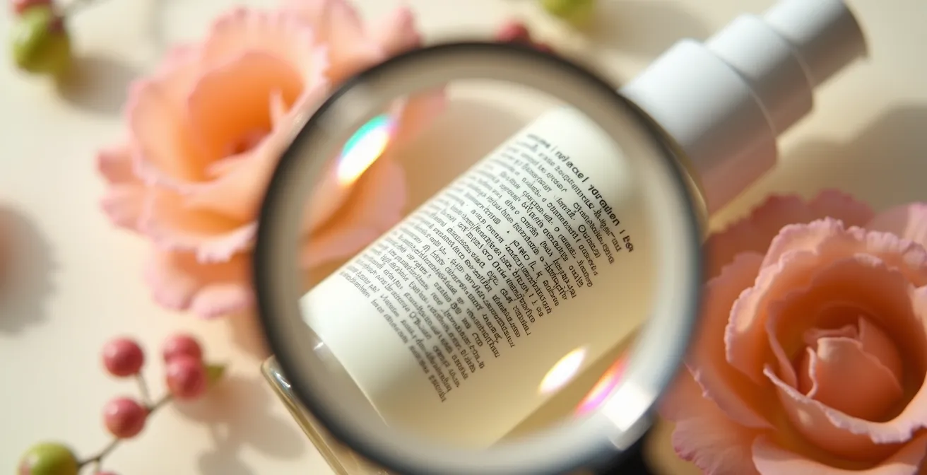 Gros plan sur une étiquette cosmétique avec une loupe grossissant la liste INCI, montrant les premiers ingrédients