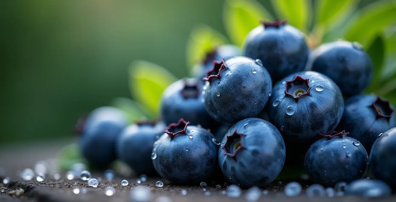Vue macro détaillée de bleuets sauvages du Québec avec texture et gouttes de rosée