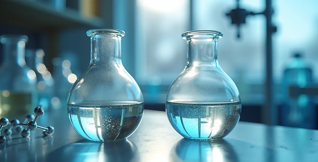 Représentation visuelle de la différence entre solution et actif pur avec des molécules d'acide hyaluronique