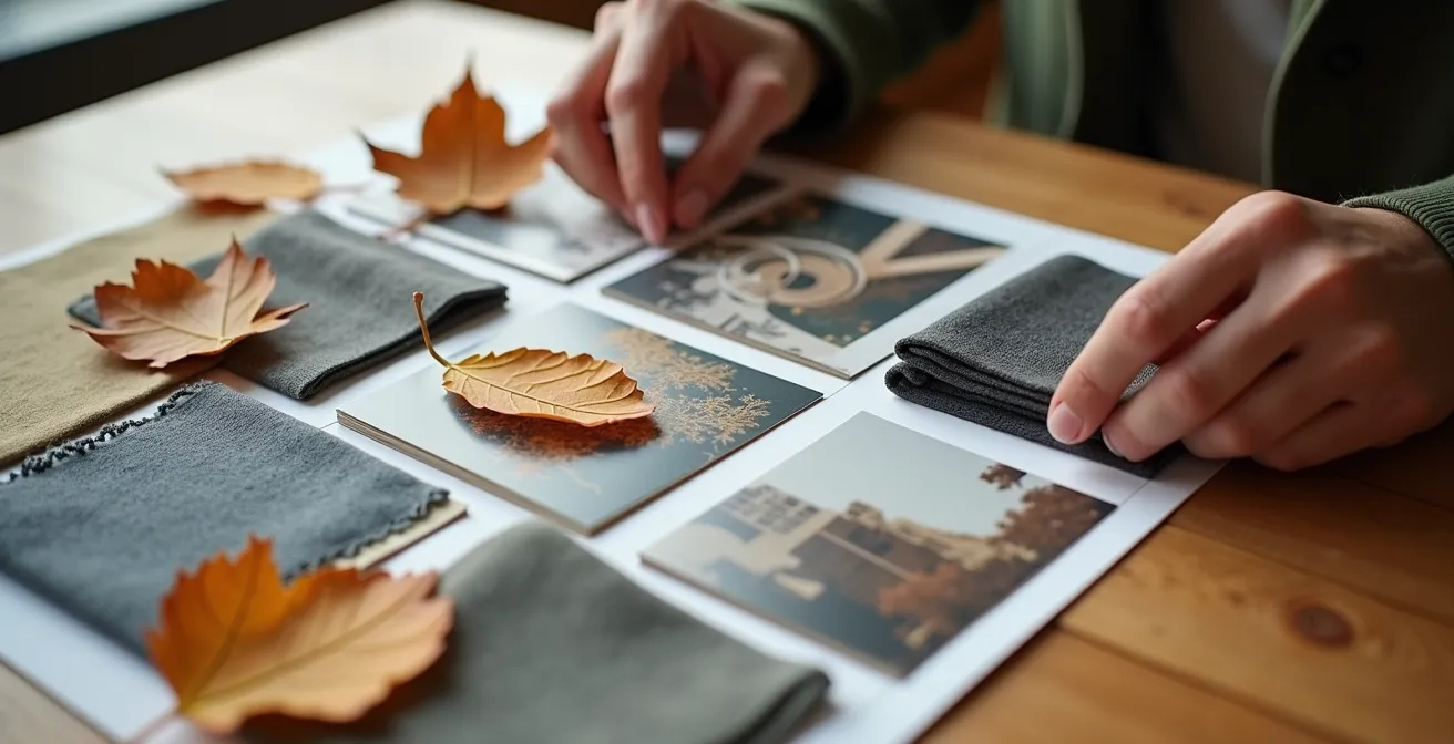 Gros plan sur un moodboard tactile avec échantillons de tissus, photos d'architecture montréalaise et palettes de couleurs automnales