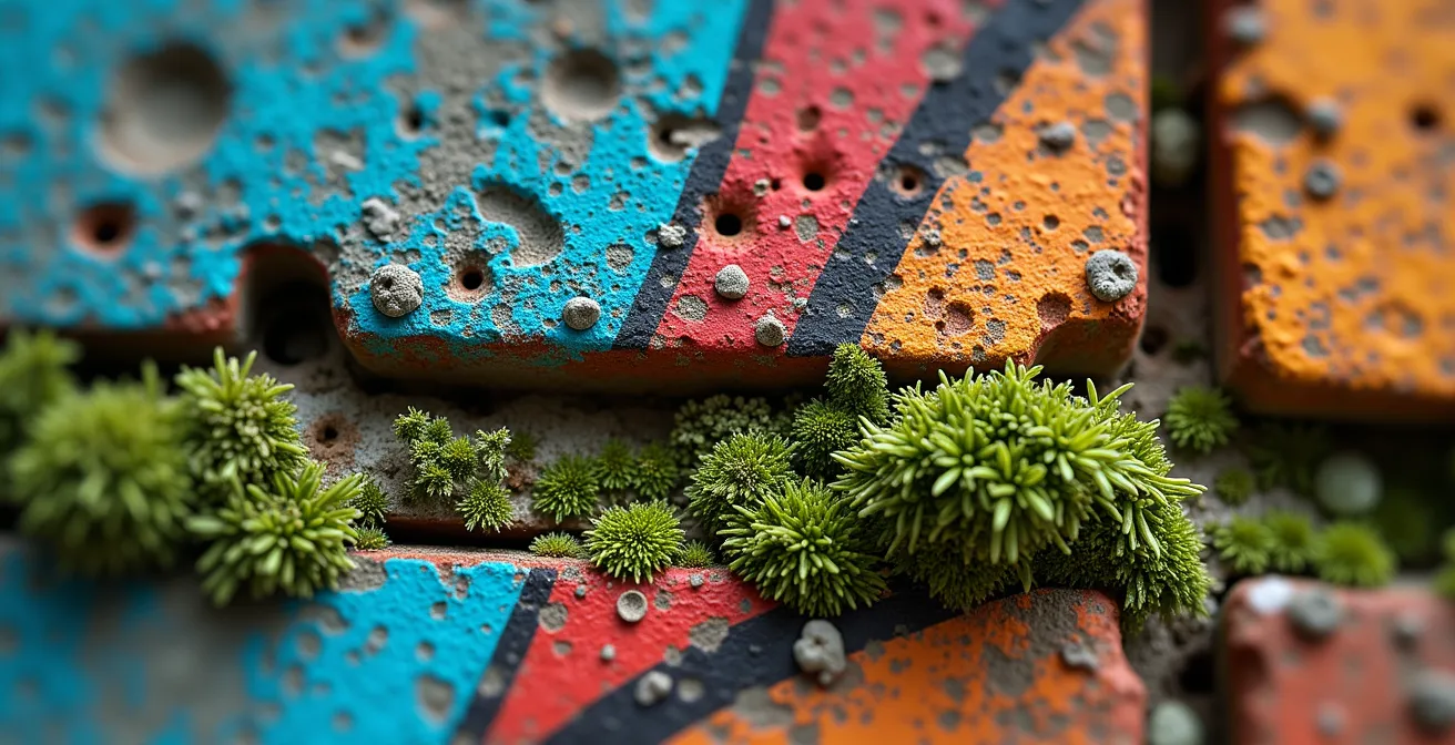 Détail macro d'une murale colorée sur un mur de brique avec textures de peinture et végétation grimpante