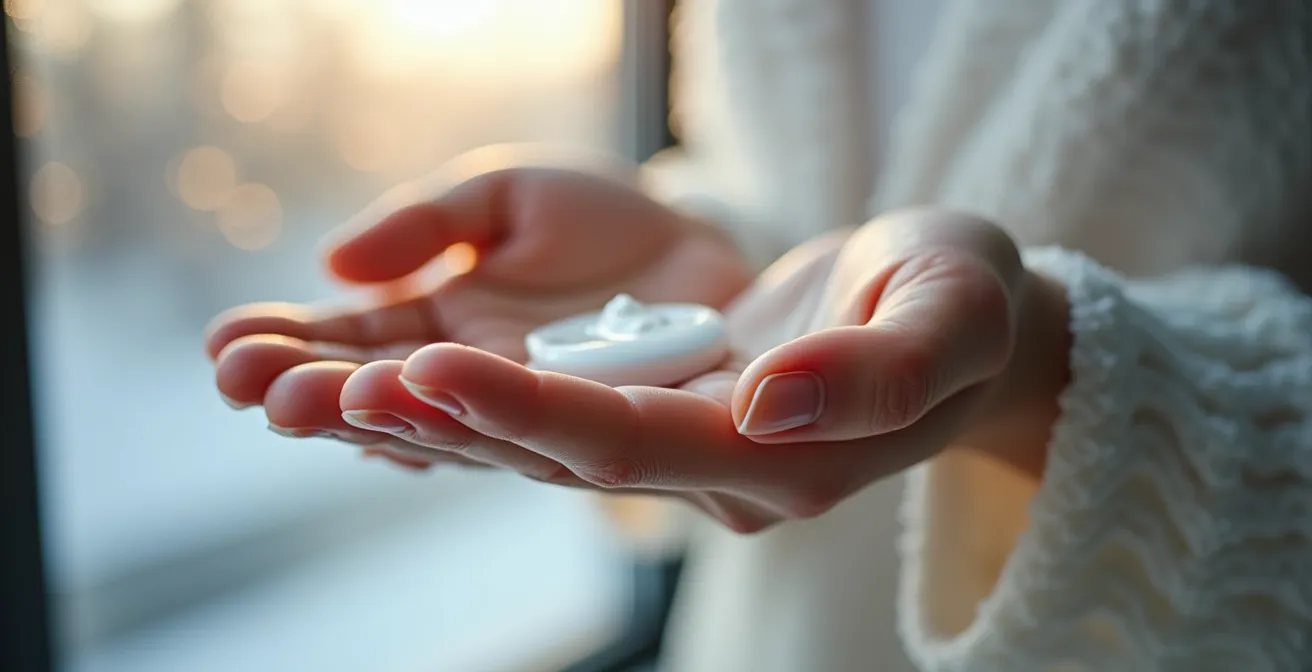 Gros plan sur une main appliquant une crème hydratante, fenêtre givrée en arrière-plan