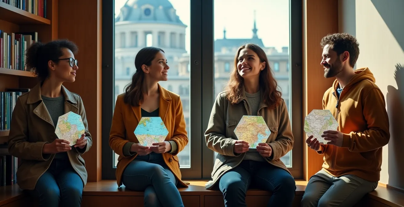 Quatre types d'explorateurs montréalais représentés dans leurs environnements caractéristiques