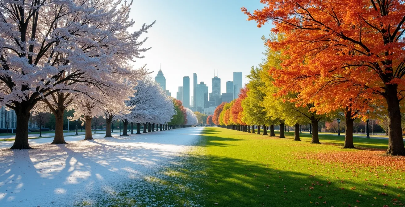 Vue panoramique du parc du Mont-Royal montrant les quatre saisons de Montréal en une seule image.