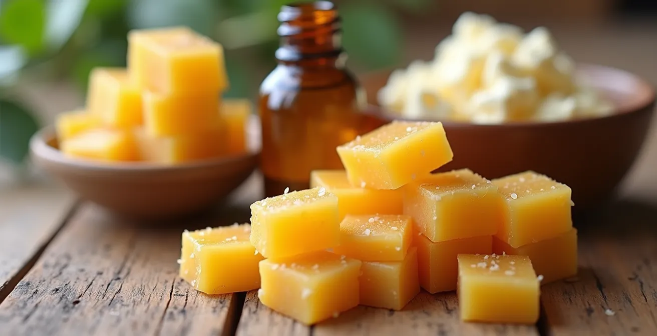 Ingrédients naturels québécois pour baume protecteur disposés sur table en bois avec cire d'abeille et huile de chanvre